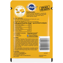 Pedigree puppy wet food pouch back panel with mixing directions and analysis