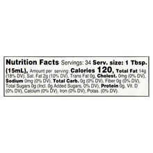 Nutrition Facts panel for olive oil, servings and calories text block.