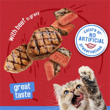 Wet cat food can with beef in gravy shreds and no artificial colors badge