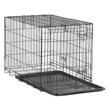 Wire dog crate with leak-proof tray and side door latches, front access open