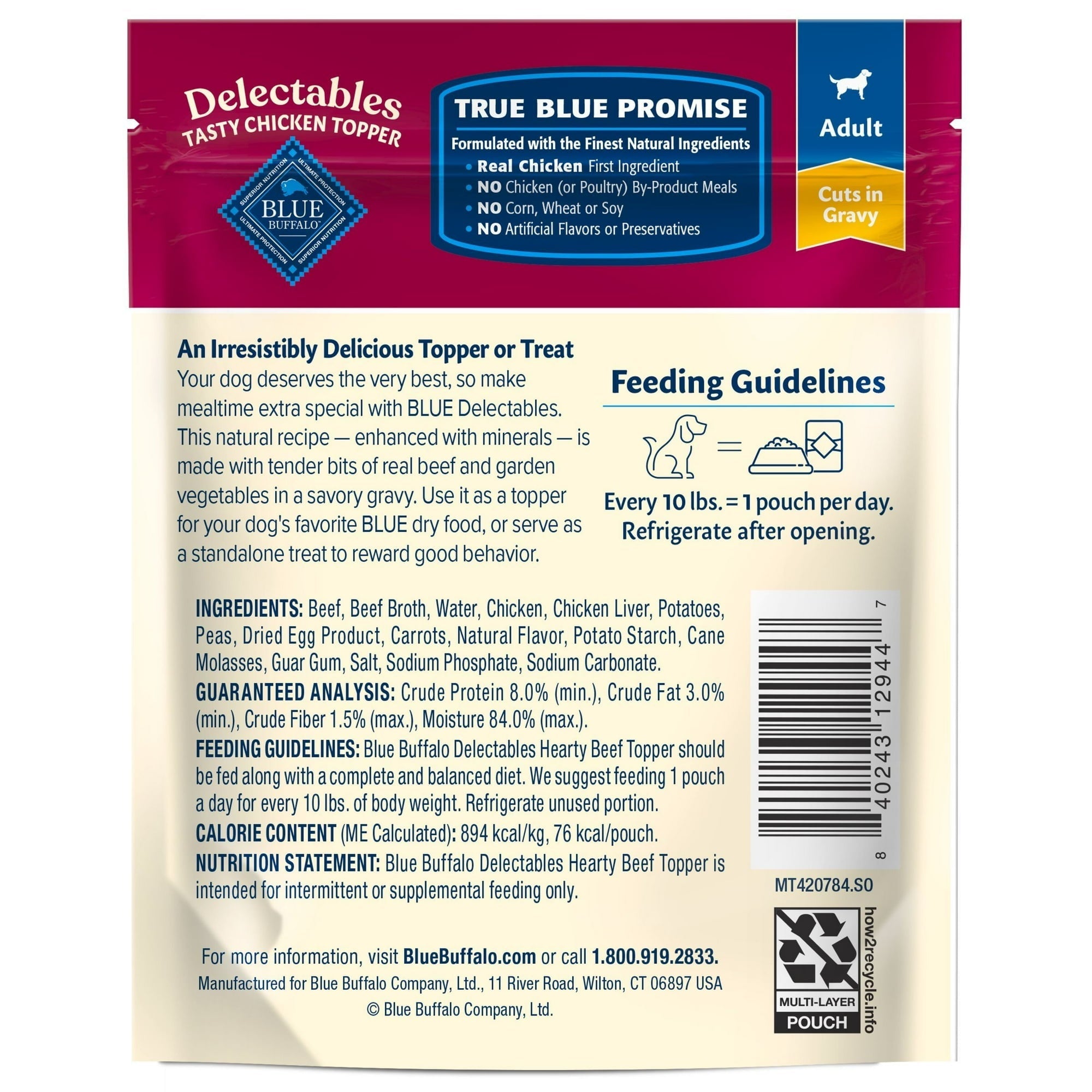 Blue Buffalo Delectables Natural Wet Dog Food Toppers, Hearty Beef, 3-oz Pouch