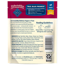 Blue Buffalo Delectables hearty beef topper pouch back with ingredients and feeding guidelines