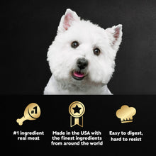 Westie dog with icons for #1 ingredient real meat and easy to digest