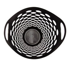 Round black laundry hamper with curved cutout pattern top opening