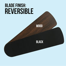 Reversible ceiling fan blades with black and wood finishes