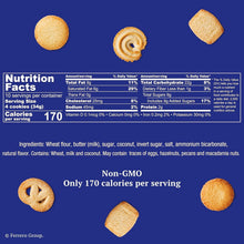 Assorted butter cookies: round, swirl, and square shapes in golden color