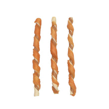 Twisted chicken dog treats, three light tan braided sticks with pale tips