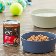 Pure Balance Pro+ wet dog food can with turkey & potato recipe pâté in blue bowl