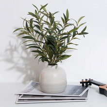 Artificial olive plant in two-tone speckled ceramic vase on tabletop