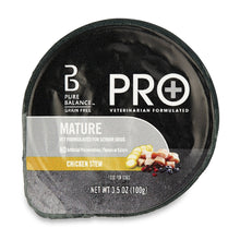 Mature wet dog food cup with PRO+ logo and chicken stew label