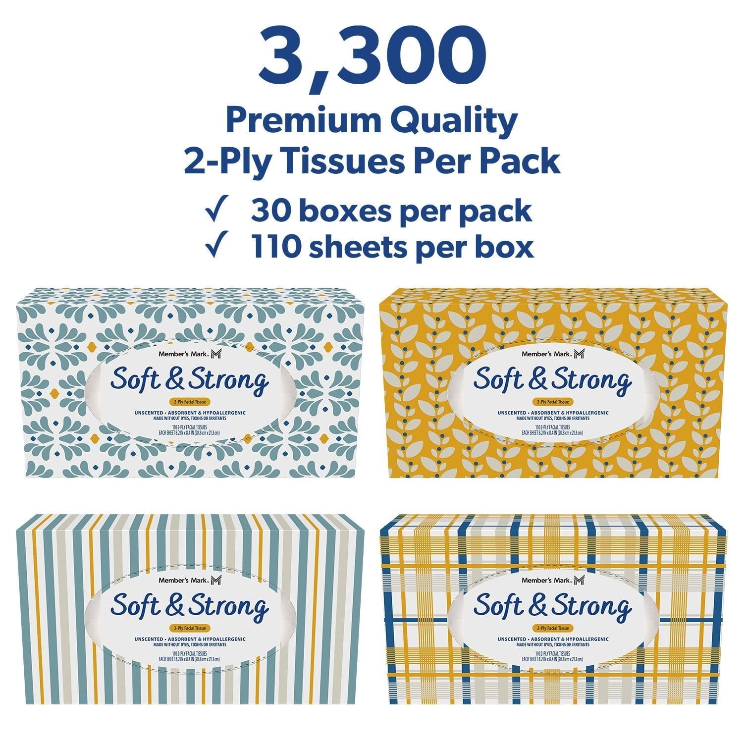 Member's Mark Soft and Strong 2-Ply Facial Tissues 30 boxes., 110 tissuesbox