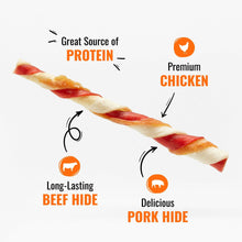 Braided rawhide chew with red and cream stripes, protein and hide icons