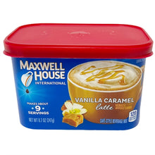 Vanilla caramel latte instant coffee beverage mix canister with front label and red lid.