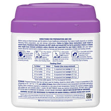 Purple infant formula powder canister with directions and preparation chart