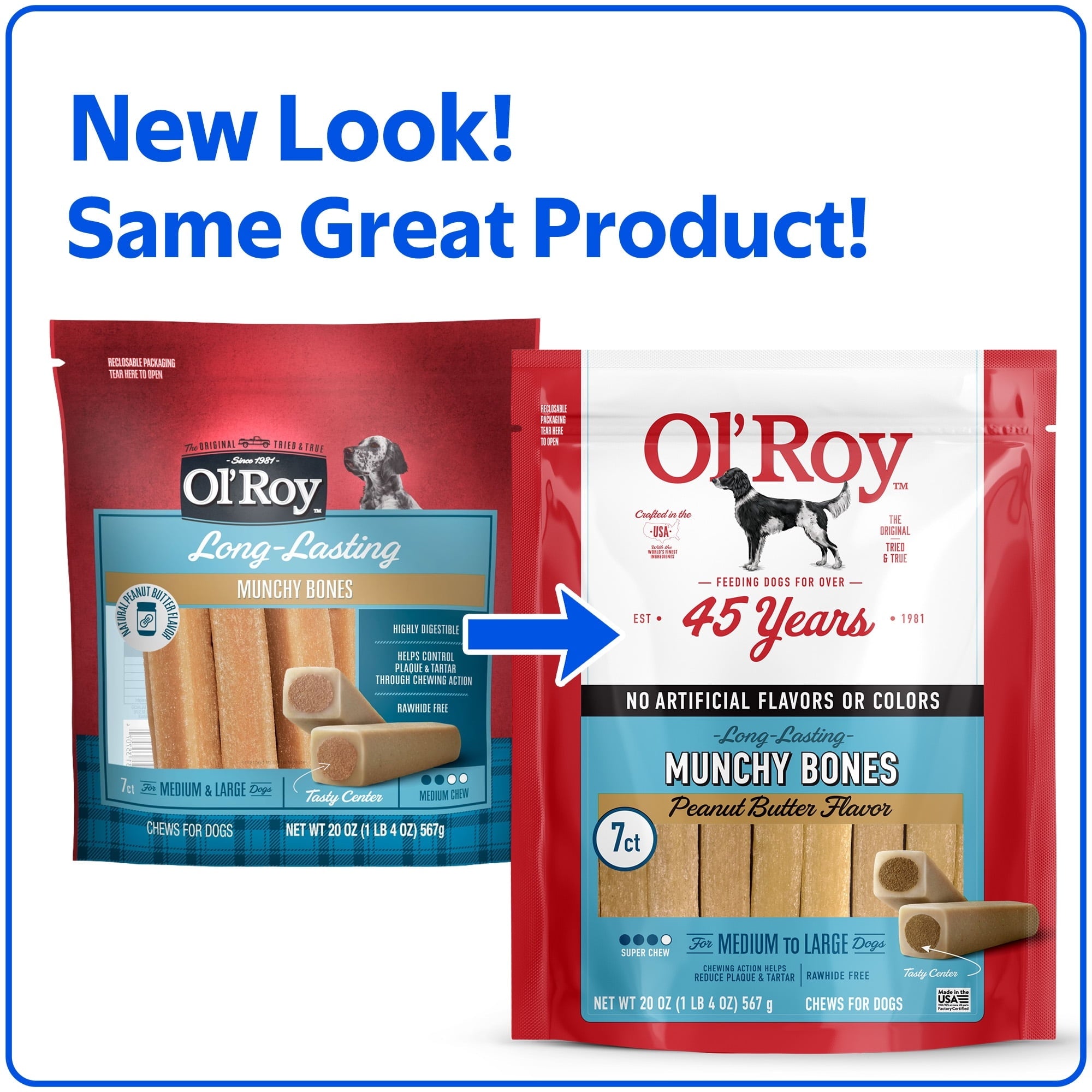(2 pack) Ol' Roy Long-Lasting Flavor Munchy Bones Chews for Dogs, 7 count, 20 oz