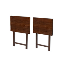 Walnut folding tray table set of 2, dark wood panels and folding X-frames