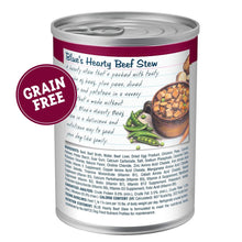 Back label of a grain-free wet dog food can, hearty beef stew