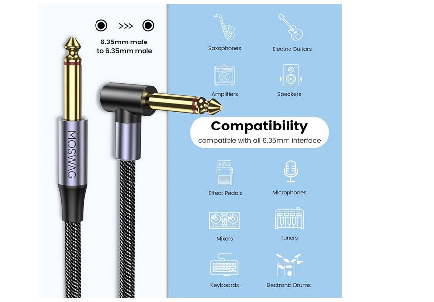 MOSWAG Electric Guitar Cable 6FT, 14 Inch Electric Instrument Bass AMP Cord 6.3