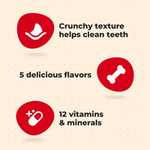 Dog treat box benefits icons: crunchy teeth cleaning, 5 flavors, 12 vitamins
