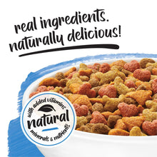Natural high-protein puppy kibble in a bowl, with added vitamins and minerals badge
