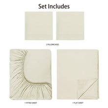 Set includes: two pillowcases, fitted sheet, flat sheet