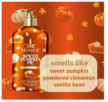 Hempz spiced pumpkin pie body moisturizer bottle with gold pump and scent callout