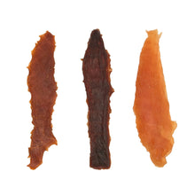 Chicken, duck, and beef dog jerky treat sticks in orange, brown, and dark brown