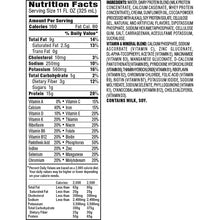 Nutrition facts label for milk chocolate protein shake, serving and vitamin details