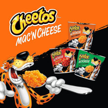 Cheetos Mac 'n Cheese cup and boxes with mascot and orange cheese illustration.