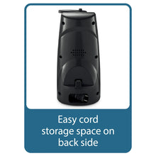 Black electric can opener with cord storage area on back side