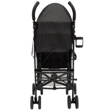 Black stroller with canopy, front bumper bar, and mesh storage basket