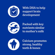Pedigree puppy wet dog food nutrition icons: DHA brain support, key nutrients, calcium