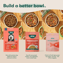 Jinx wet dog food recipe packs with bowls of stew shown in circular sections