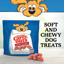 Beef-flavor dog treat bag with blue packaging and 'Soft and Chewy' text