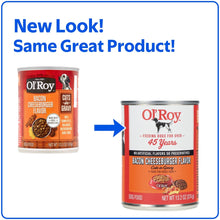 Pair of wet dog food cans with 'New Look! Same Great Product!' text card
