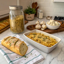 Granulated garlic seasoning jar with baked bread and casserole on counter