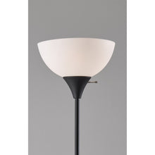 Floor lamp with off-white bowl shade and matte black collar on straight pole