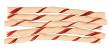 Twisted pale dog chew sticks with red stripes, rawhide-free