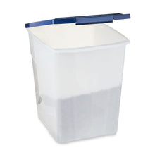 Dog food storage pail with open blue lid and snap latch; white translucent body