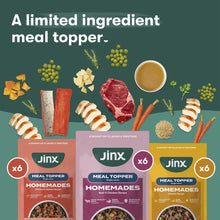 Jinx Homemades meal topper pack with six-count wet dog food pouches shown
