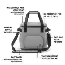 Grey cooler bag with front storage pocket, bottle opener, and side mesh pockets