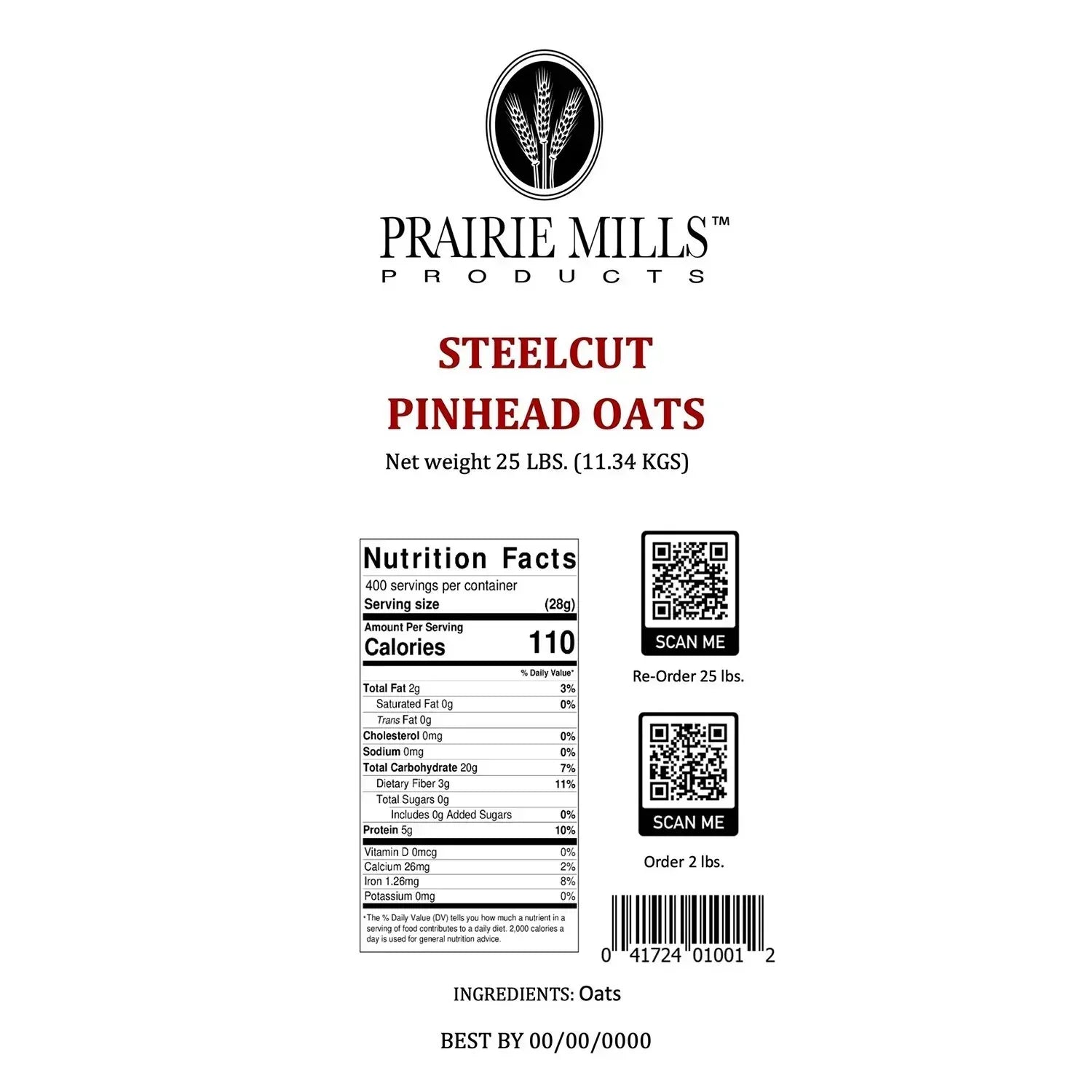 Prairie Mills Steelcut Pinhead Oats 25 lbs.