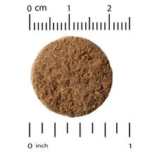Brown round dog chew with measuring scale, showing size