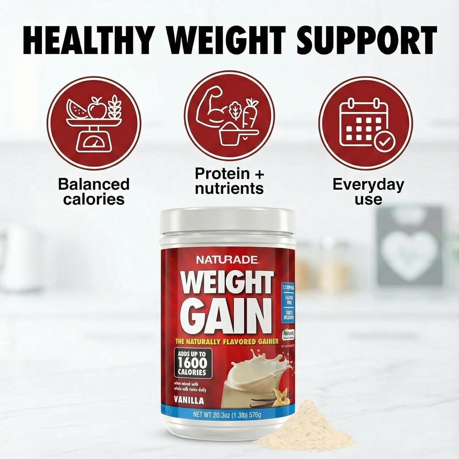 Naturade Weight Gain Nutrition Drink Mix for Healthy Weight Support, Balanced Calories with Protein, Vitamins & Minerals, Vanilla - 20.3 oz