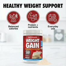 Naturade Weight Gain vanilla canister with vanilla powder, red label and white lid