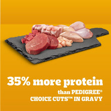 Dog food meat selection photo with sliced beef and chicken on dark tray