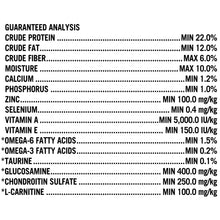 Dry dog food guaranteed analysis chart with protein, fat, fiber, moisture, and minerals
