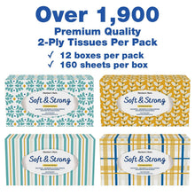 Soft & Strong 2-ply facial tissue variety pack, 12 boxes with striped and leaf designs
