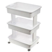 Arctic white 3-tier plastic rolling cart angled view with three open shelves on casters