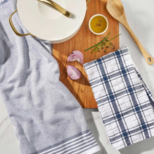 Kitchen towel set, 8-pack: light blue striped towel and white check towel